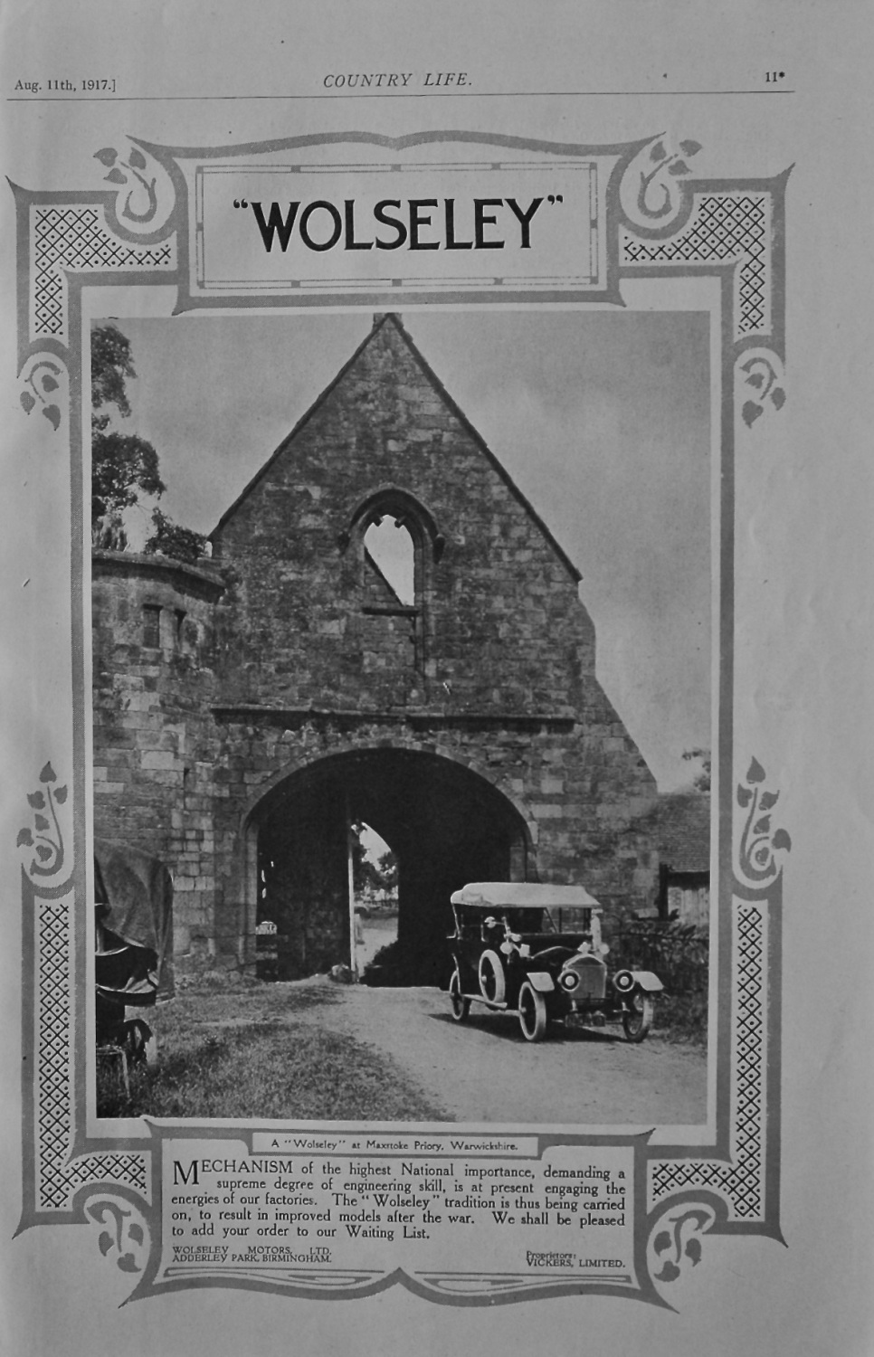 Wolseley (Maxstoke Priory) Advert