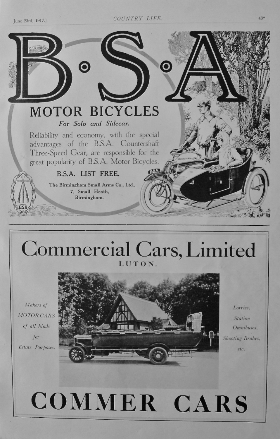 B.S.A advert and Commer Cars advert