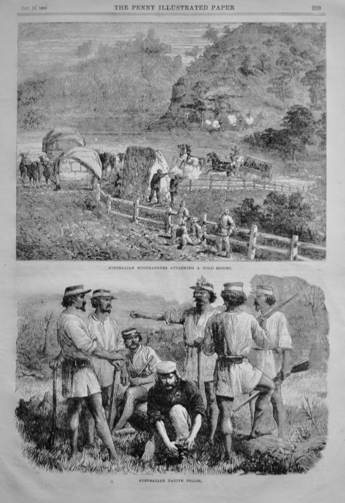 "Australian Bushrangers Attacking a Gold Escort".  &  "Australian Native Police." 1866.