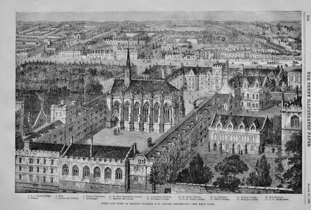 Bird's-Eye view of Exeter College and Oxford University. 1866.