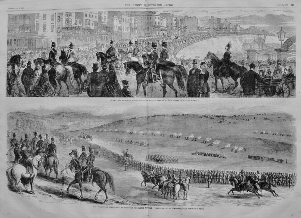 Volunteers Marching along Brighton Marine Parade to the Downs on Easter Monday.  1866.