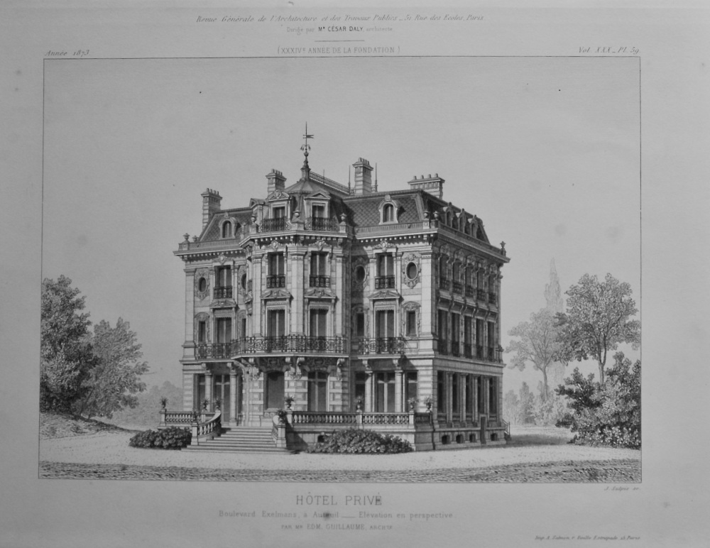 Hotel Prive. Boulevard Exelmans, a Auteuil __ Elevation en Perspective.  1873.