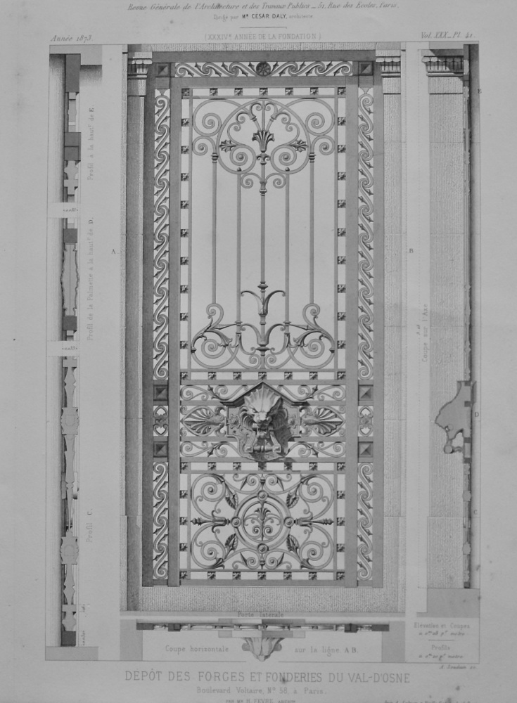 Depot Des Forges et Fonderies Du Val-D'Osne. Boulevard Voltairem No. 58, a Paris .(Ornate Ironwork Gate).  1873.