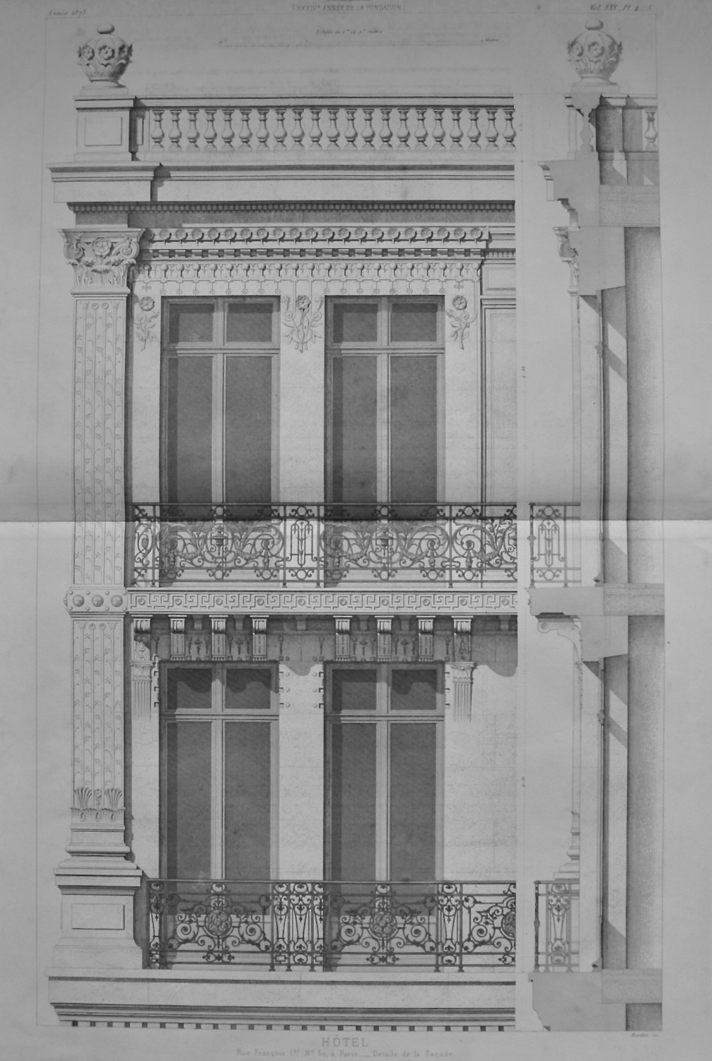 Hotel. Rue Francois 1er, No. 30, a Paris.___Details de la Facade.  1873.