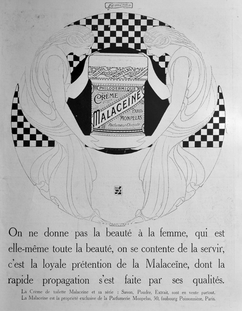 Malaceine Creme. de La Parfumerie Monpelas, Paris.  1912.