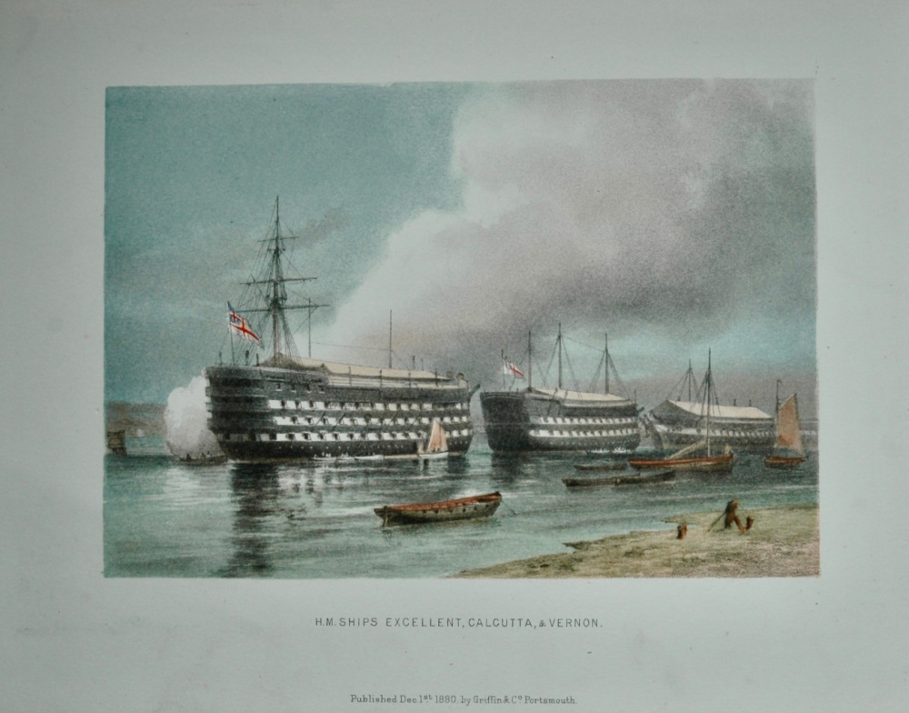 H.M. Ships Excellent, Calcutta, & Vernon.  (Colour lithograph)  1880.