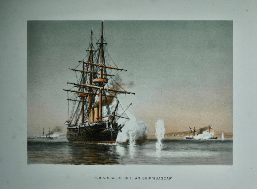 H.M.S. Shah, & Chillian Ship "Huascar".  (Colour Lithograph)  1880.