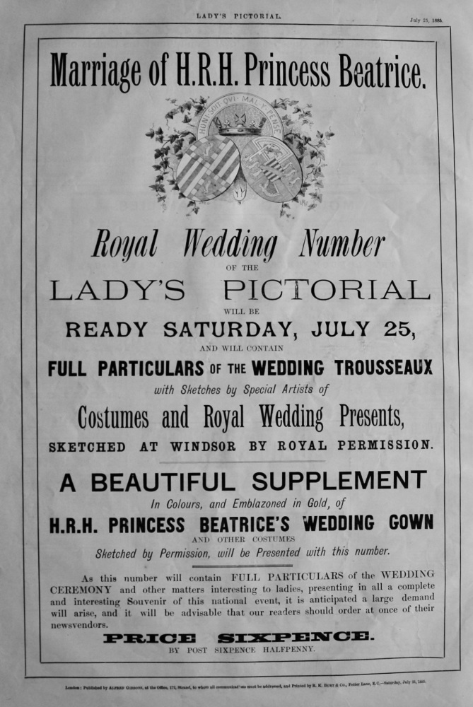 Marriage of H.R.H. Princess Beatrice.  Royal Wedding Number of the Lady's Pictorial.  1858.