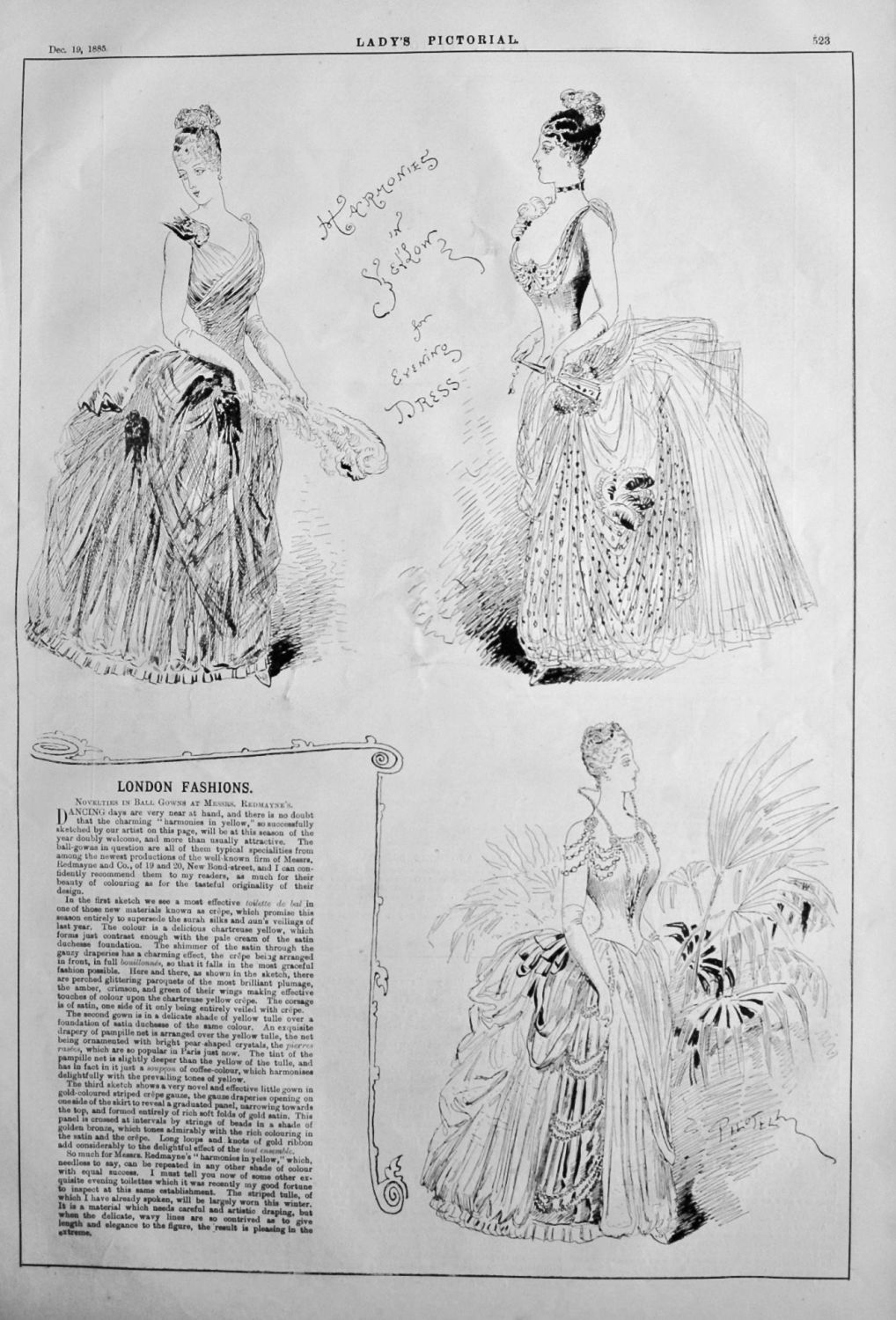 London Fashions. : Novelties in Ball Gowns at Messrs. Redmayne's.  1885.