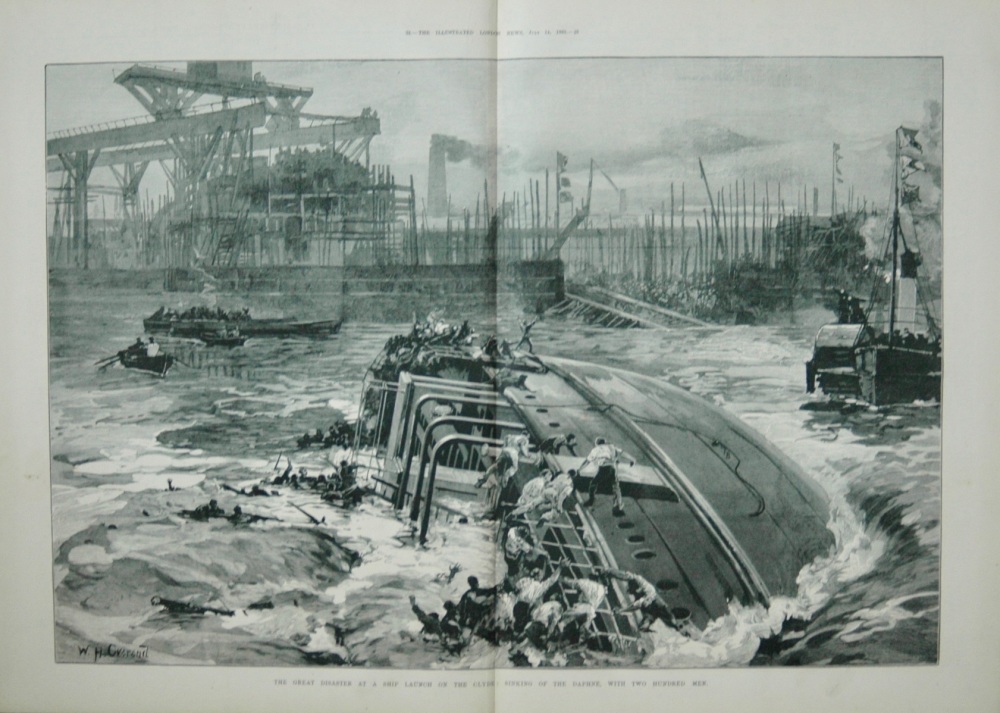 Great Disaster at a ship Launch on the Clyde : Sinking of the 'Daphne', with two hundred men.  1883.