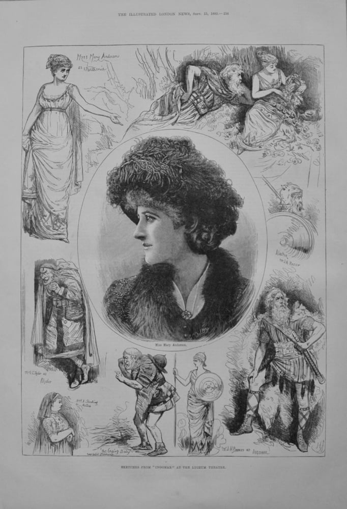 Sketches from "Ingomar" at the Lyceum Theatre with Miss Mary Anderson.  1883