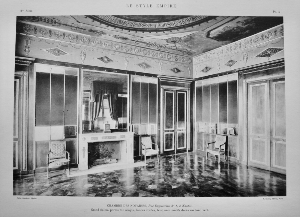 Chambre Des Notaires, Rue Duguesclin No. 1, a Nantes.  Grand Salon. portes ton acajou, lances dorées, frise avec motifs dores sur fond vert.  1925.