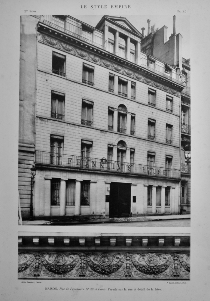 Maison, Rue de Penthievre No 26, a Paris.  Facade sur la rue et detail de la frise.  1924.