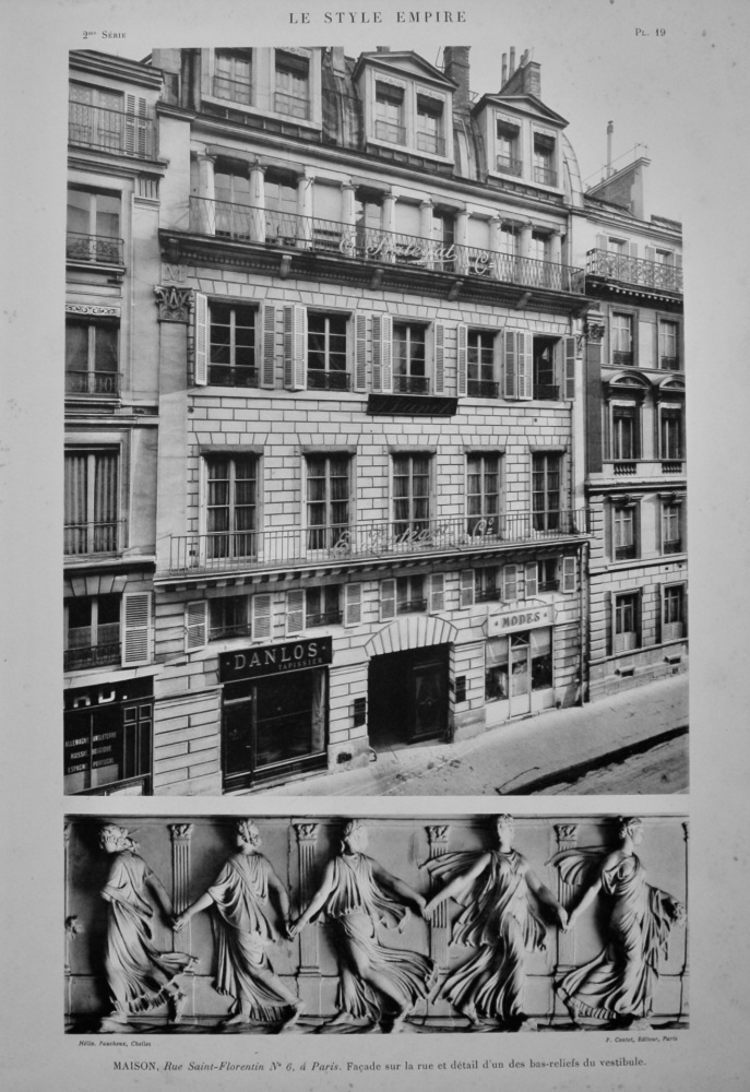 Maison, Rue Saint-Florentin No 6, a Paris.  Facade sur la rue et detail d'un des bas-reliefs du vestibule.  1924.