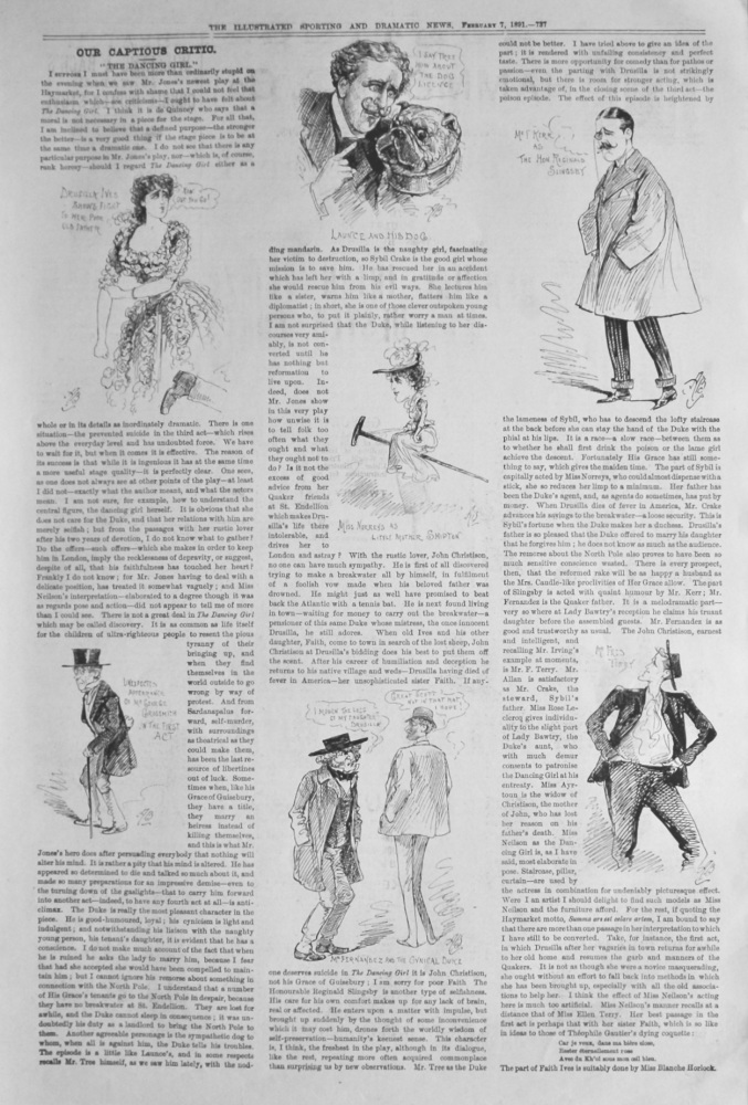 Our Captious Critic, February 7th, 1891.  :  "The Dancing Girl," at the Haymarket Theatre. 1891.