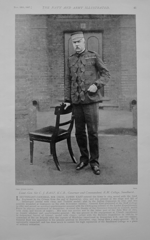 Lieut-Gen.  Sir C J East, K.C.B., Governor and Commandant, R. M. College, Sandhurst.  1897.