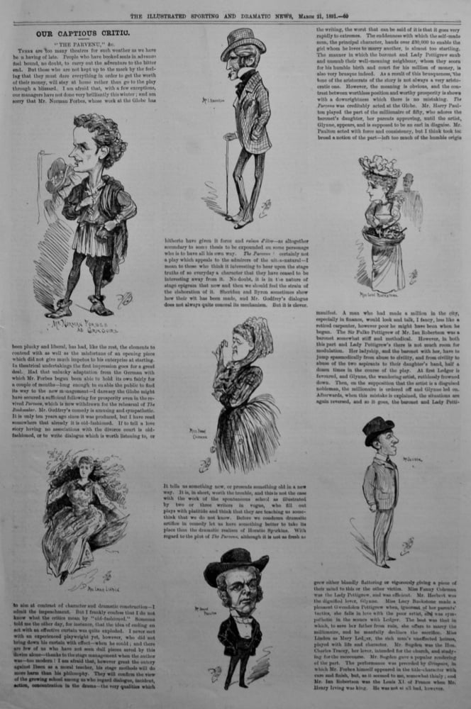 Our Captious Critic, March 21st, 1891.  :  "The Parvenu," &c.  at the Globe Theatre.   