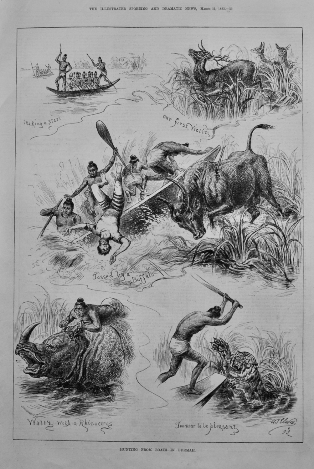 Hunting from Boats in Burmah.  1883.