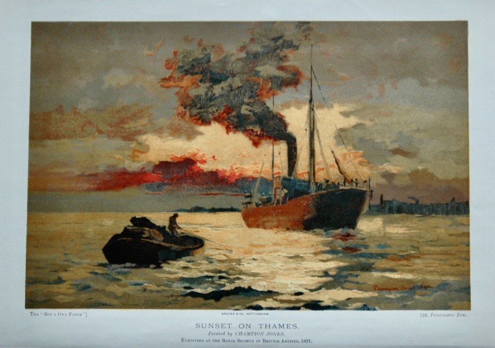 Sunset on Thames.  Painted by Champion Jones.