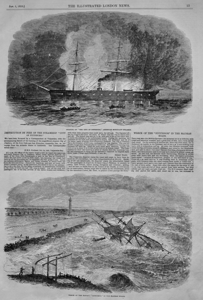 Destruction by Fire of the Steamship "City Of Pittsburg."  1853.