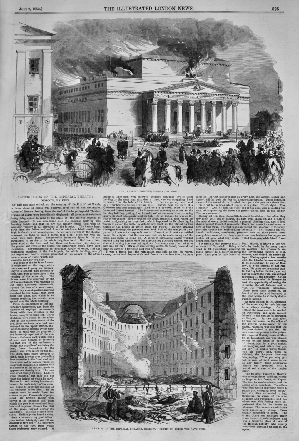 Destruction of the Imperial Theatre, Moscow, by Fire.  1853.