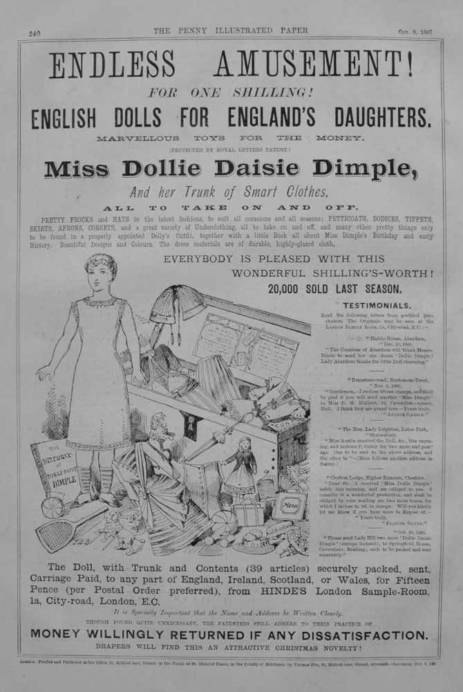 Miss Dollie Daisie Dimple Advert - 1887
