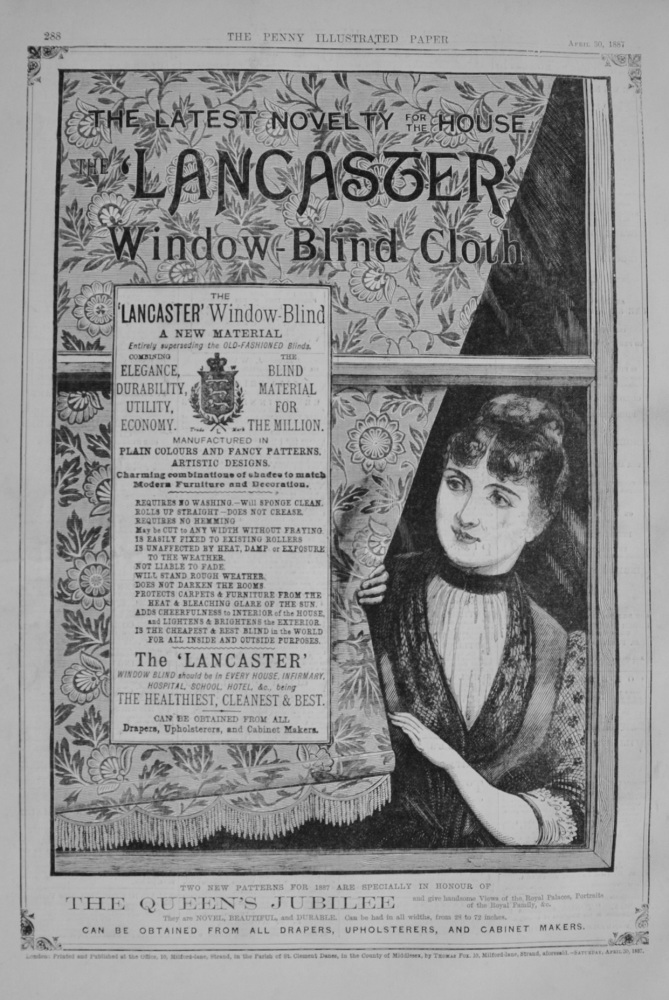 Lancaster Window Blind Advert - 1887