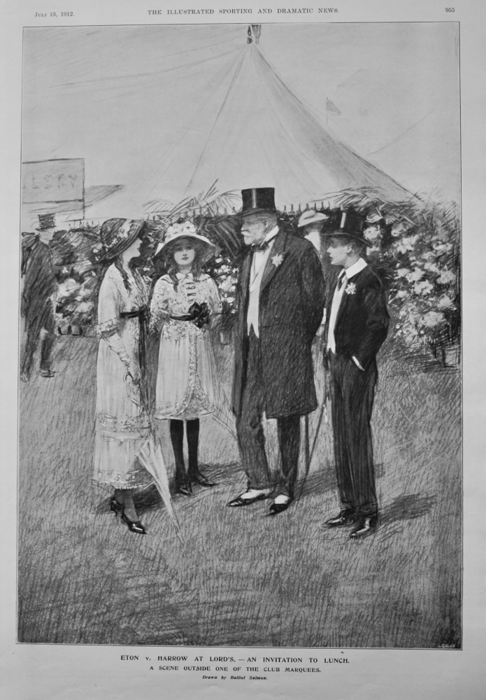 Eton v. Harrow at Lord's.- An Invitation to Lunch.  A Scene outside one of the Club Marquees.  1912.
