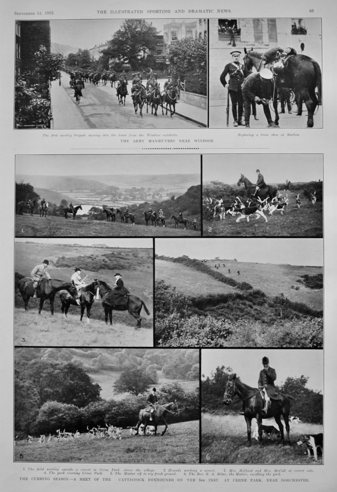 The Cubbing Season.- A Meet of the Cattistock Foxhounds on the 5th inst. at Cerne Park, near Dorchester.  1912.