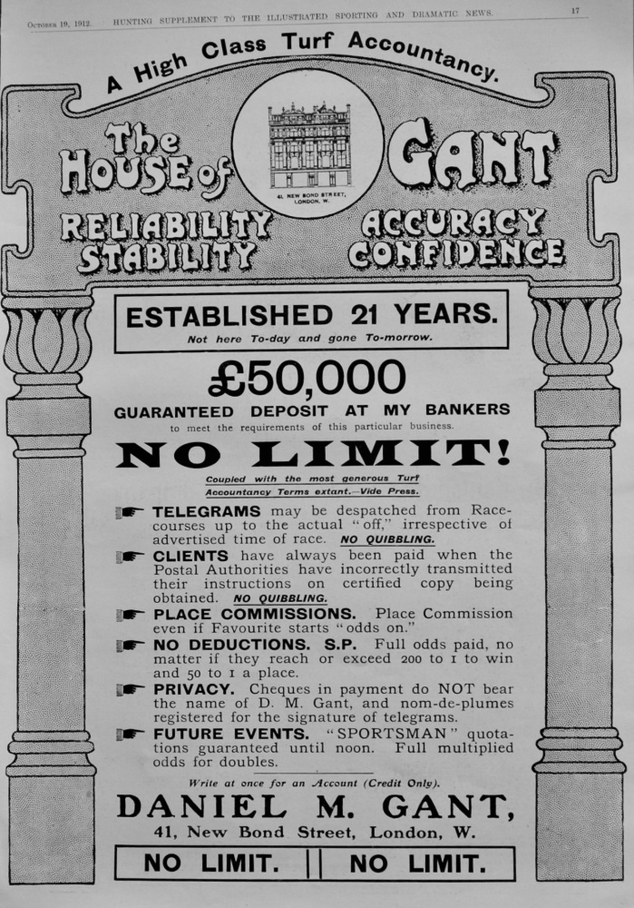 The House of Gant. (Turf Accountants).  1912.