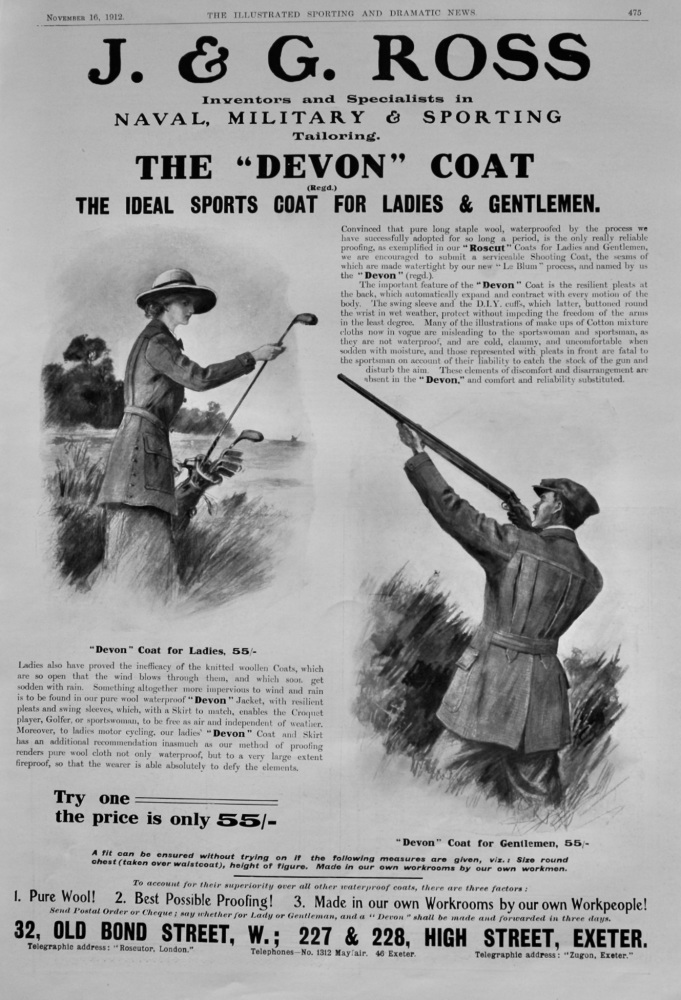 J. & G. Ross.  The "Devon" Coat the ideal Sports Coat for Ladies and Gentlemen.  1912.