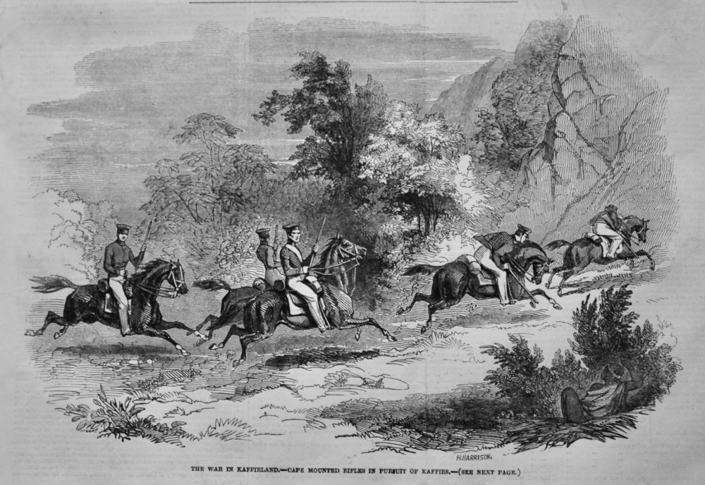 The War in Kaffirland.- Cape Mounted Rifles in Pursuit of Kaffirs.  1847.