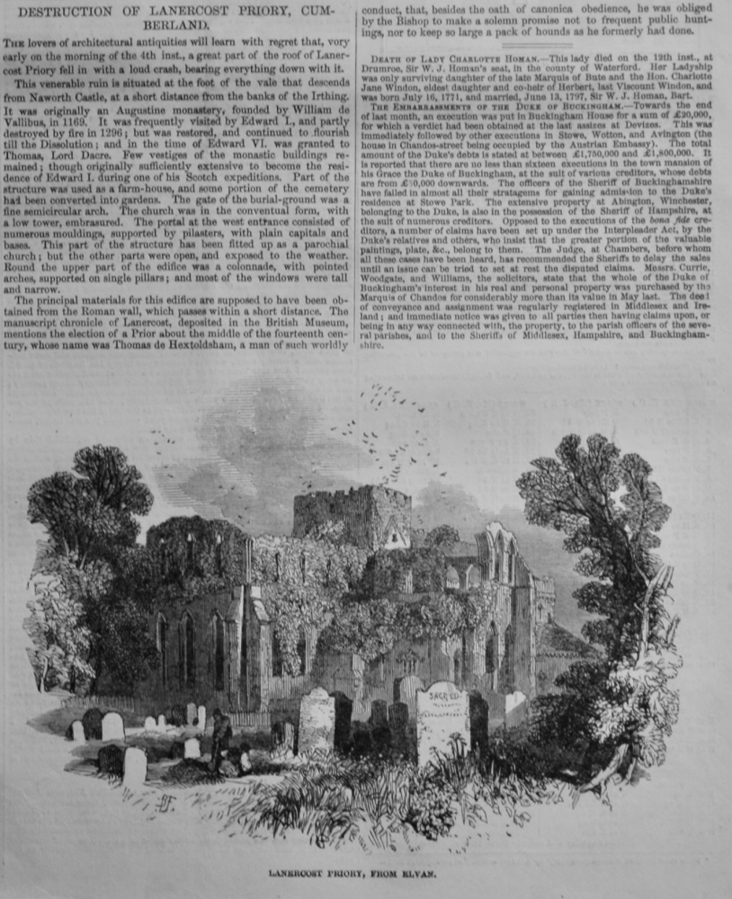 Destruction of Lanercost Priory, Cumberland.  1847.