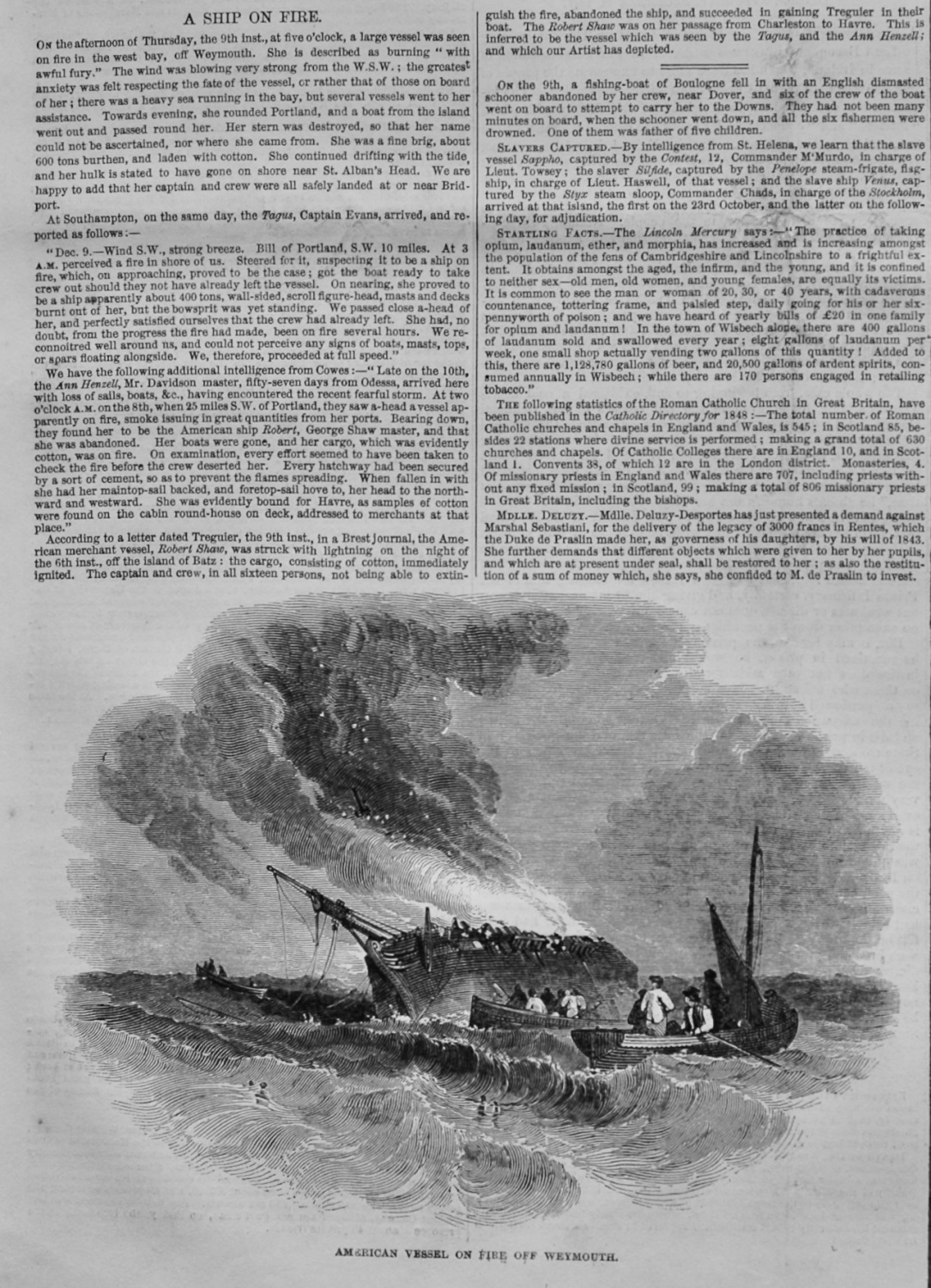 American Vessel on Fire off Weymouth.  1847.
