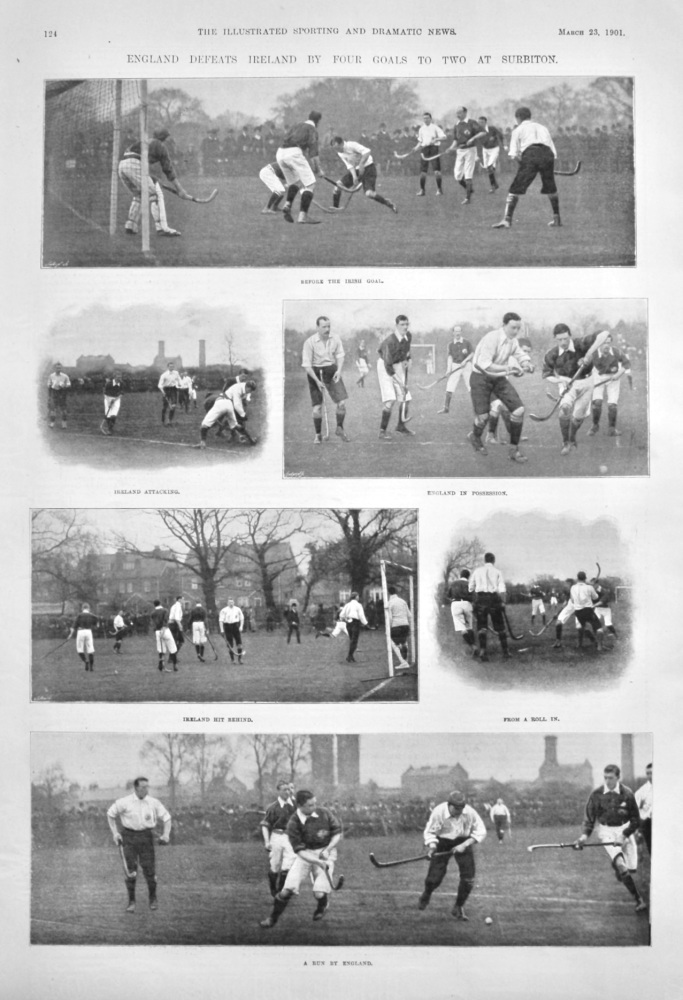 England defeats Ireland by Four Goals to Two at Surbiton.  1901.