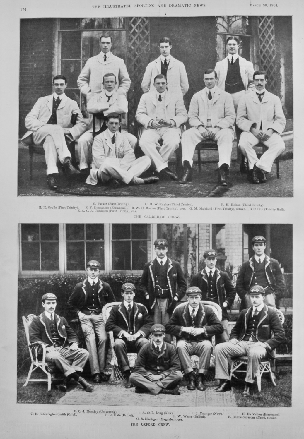 The University Boat Race.   The Cambridge Crew and The Oxford Crew.  1901.