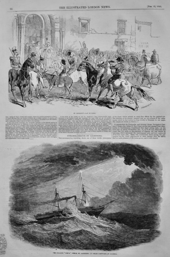 The Steamer "Indus," struck by Lightning 110 Miles Eastward of Algeria.  1848.