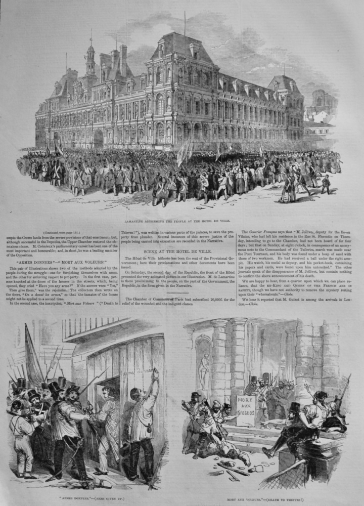 Scene at the Hotel De Ville.  &  "Armes Donnees"-"Mort Aux Voleurs!".  (French Revolution)  1848.