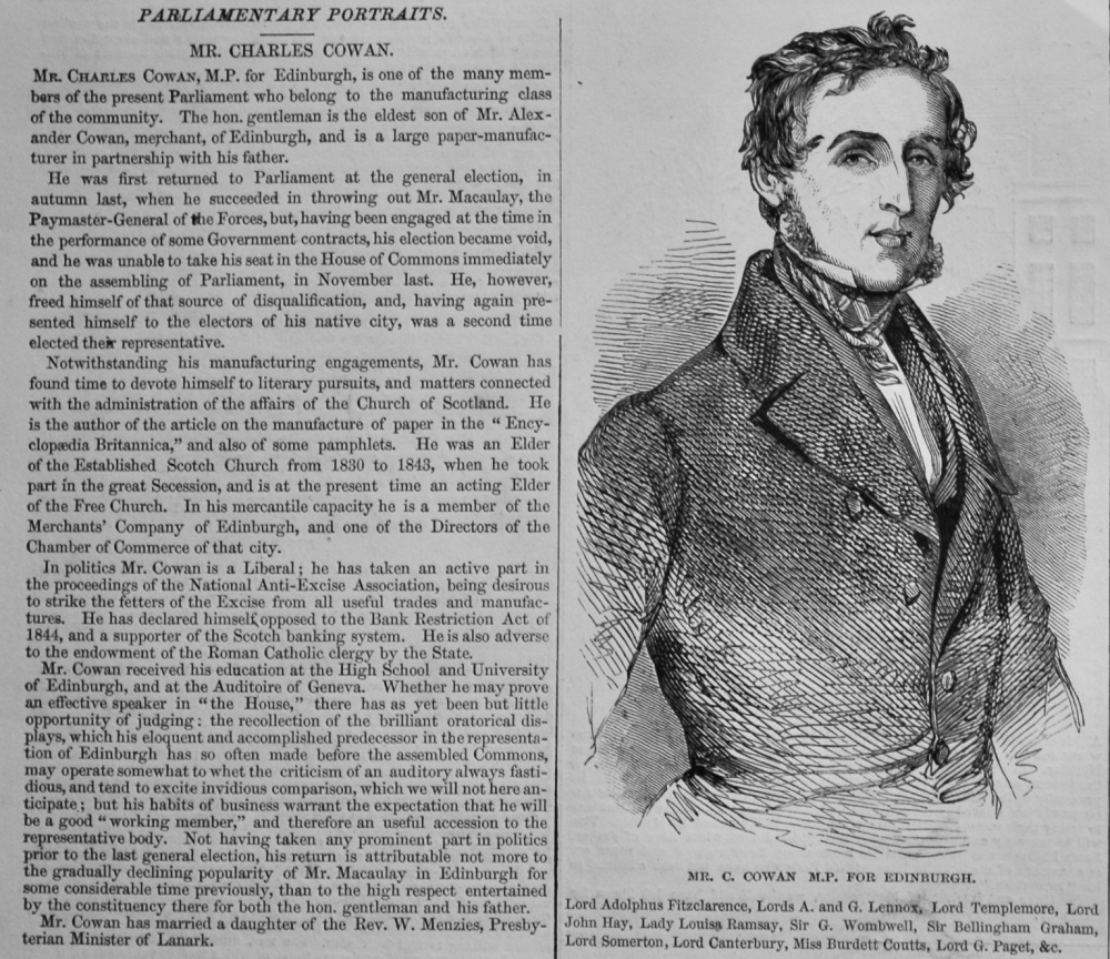 Parliamentary Portraits.- Mr. Charles Cowan, M.P. for Edinburgh.  1848.