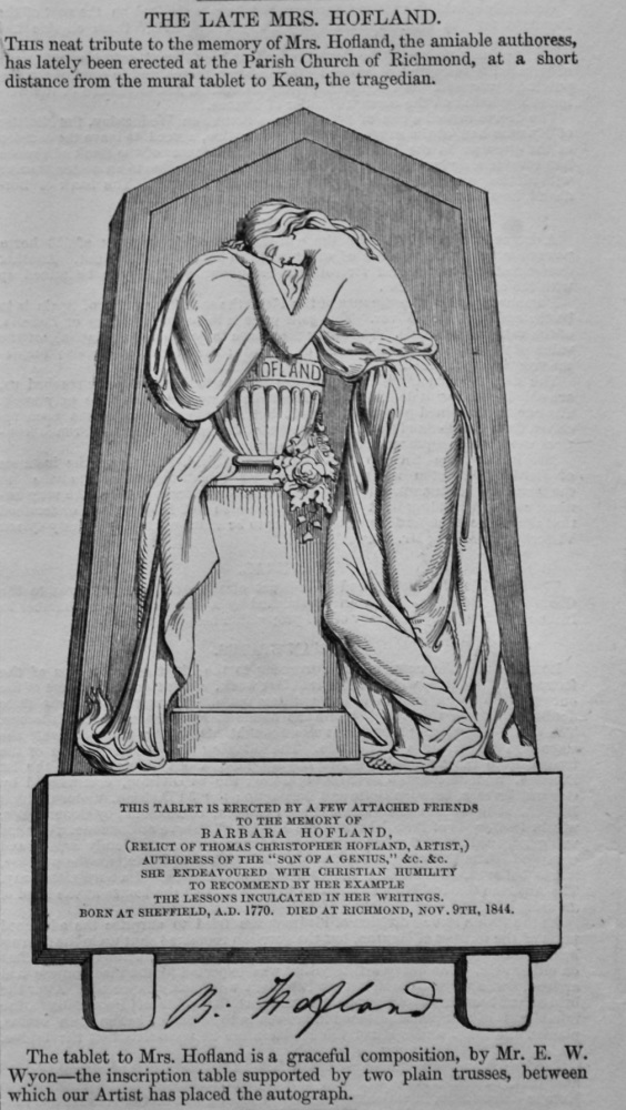 The Late Mrs. Hofland.  (Tablet erected in the Parish Church at Richmond)  1848.
