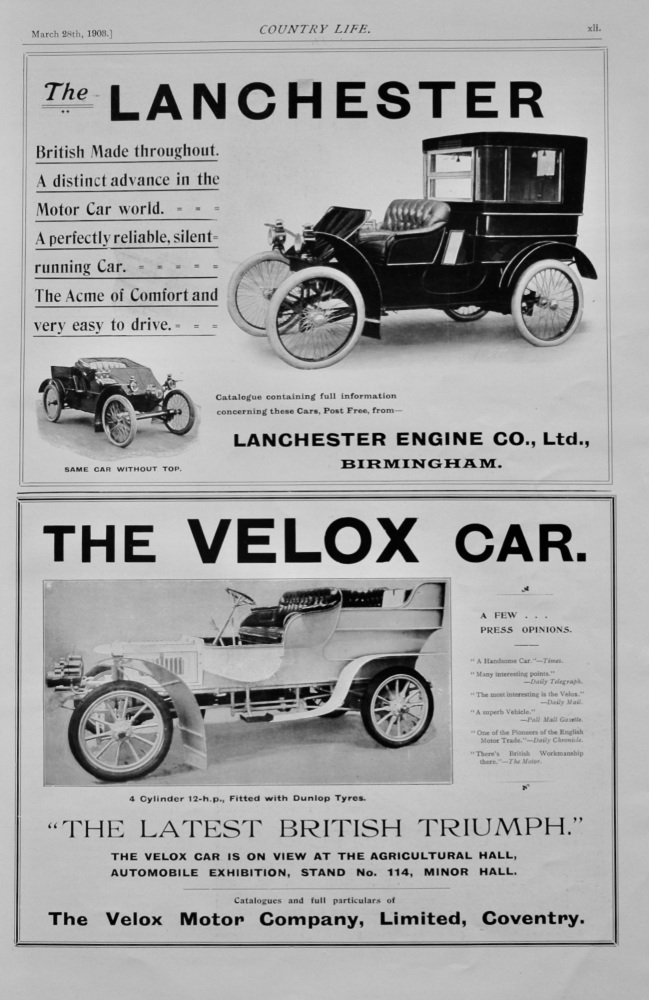 The Lanchester.  &  The Velox Car.  1903.