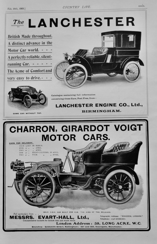 The Lanchester.  &  Charron, Girardot Voigt Motor Cars. 1903.