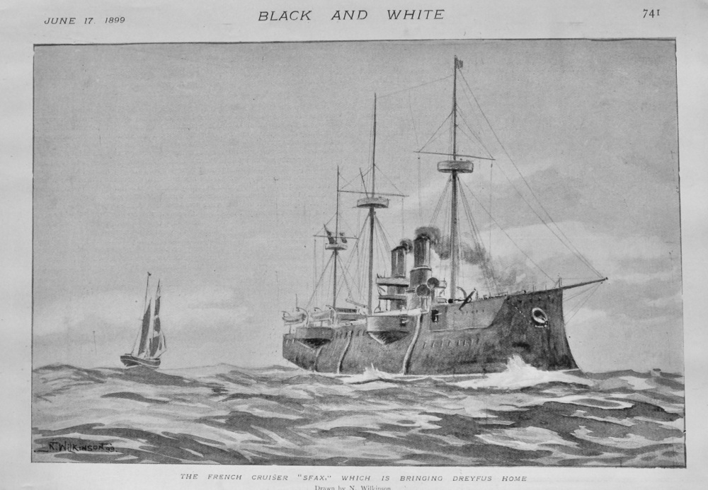 The French Cruiser "Sfax," which is bringing Dreyfus Home.  1899.