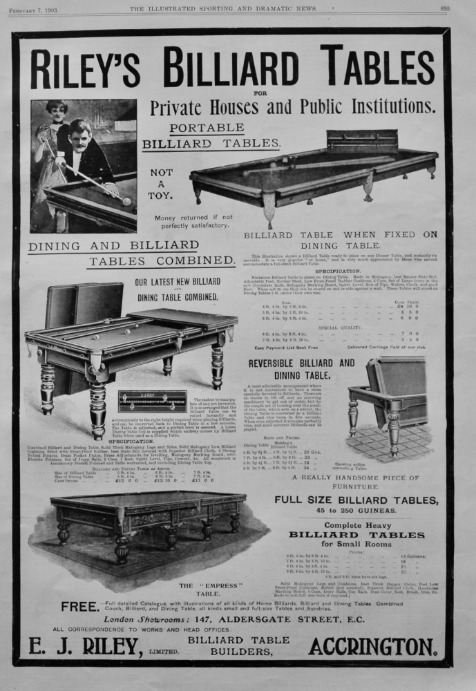 Riley's Billiard Tables.  1903.