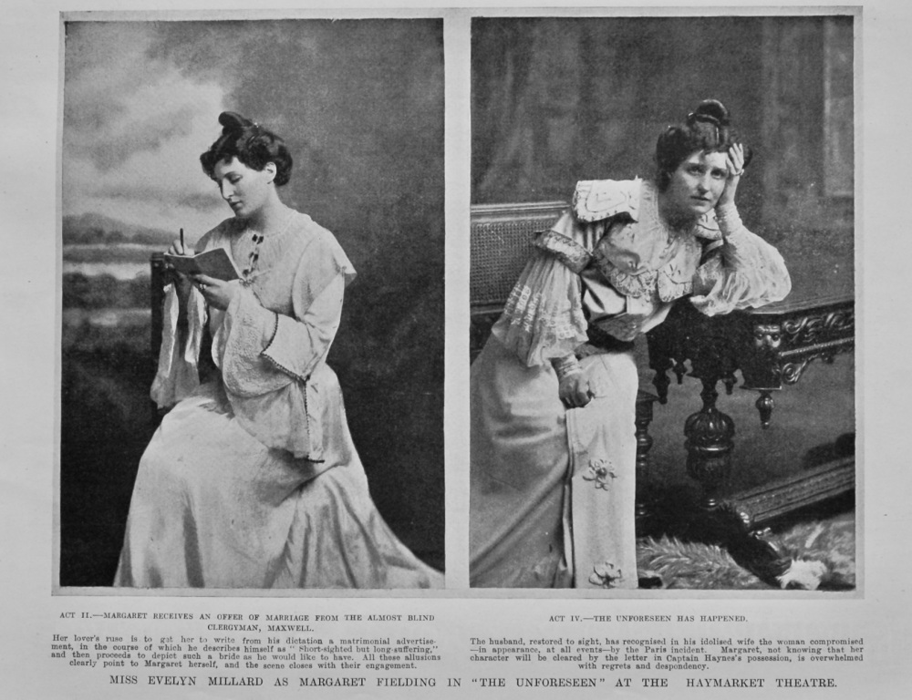 Miss Evelyn Millard as Margaret Fielding in "The Unforeseen" at the Haymarket Theatre.  1903.