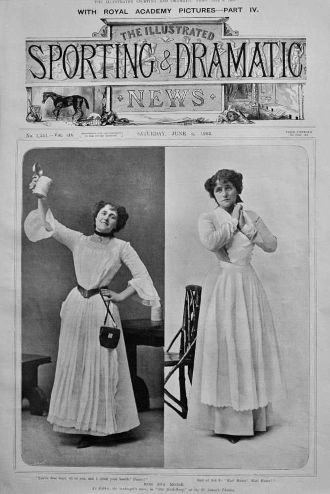 Miss Eva Moore, as Kathie, the innkeeper's niece, in "Old Heidelberg," at the St. James's Theatre.  1903.