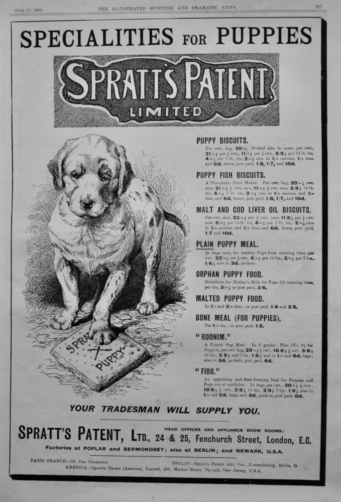 Spratt's Patent Limited.  : Specialities for Puppies.  1903.