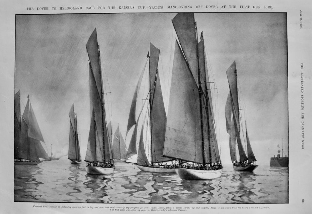 The Dover to Heligoland Race for the Kaiser's Cup.-  Yachts Manoeuvring off Dover at the First Gun Fire.  1905.