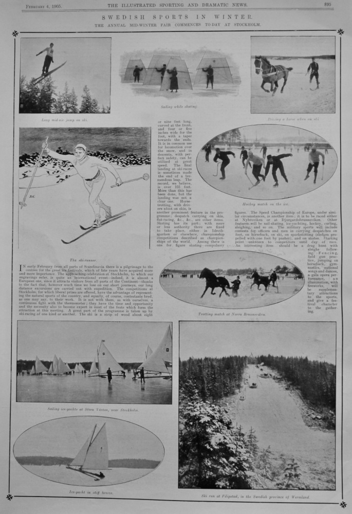Swedish Sports in Winter  :  The Annual Mid-Winter Fair Commences To-day at Stockholm.  1905.