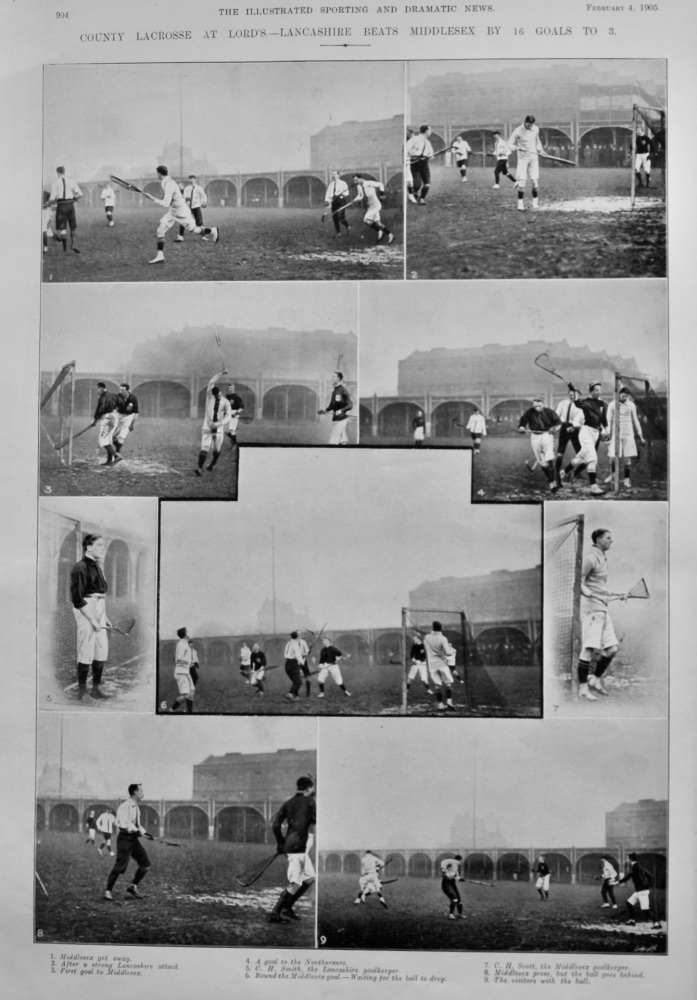 County Lacrosse at Lord's.- Lancashire Beats Middlesex by 16 Goals to 3.  1905.